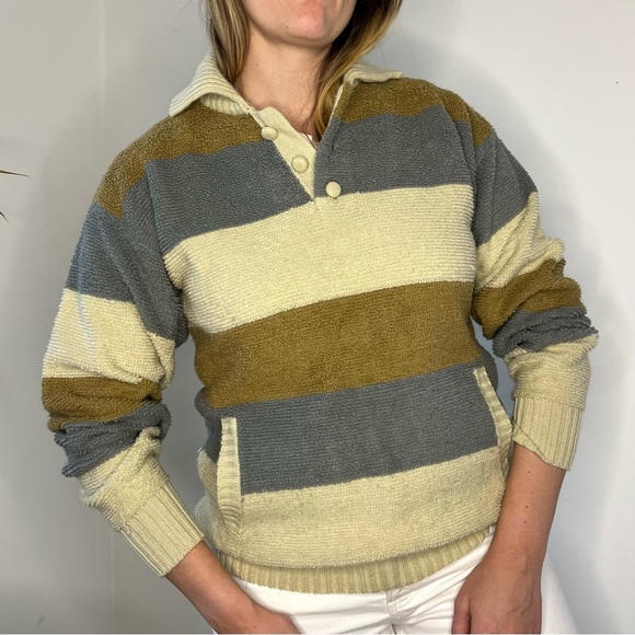Vintage Tops - Vintage Neutral Terry Cloth Knit Striped Sweater